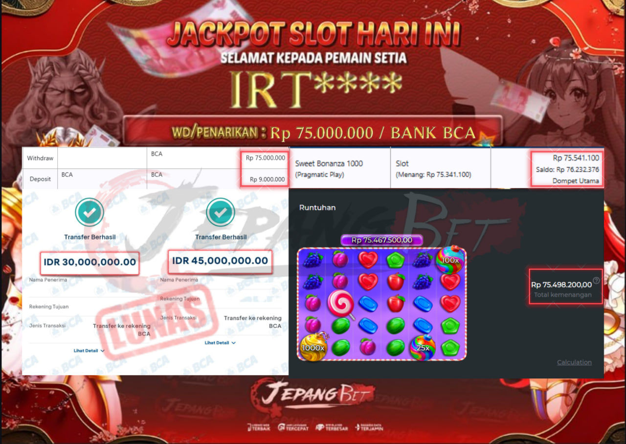 Jackpot Slot Sweet Bonanza 1000 Berhasil Dibayarkan Lunas Sebesar Rp 75.000.000., – LUNAS