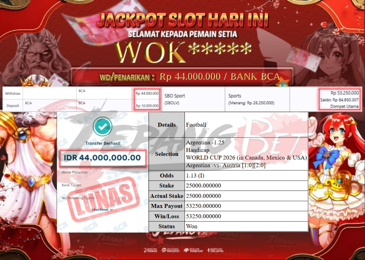 Jackpot Sport Single BET Berhasil Dibayarkan Lunas Sebesar Rp 44.000.000.,- LUNAS