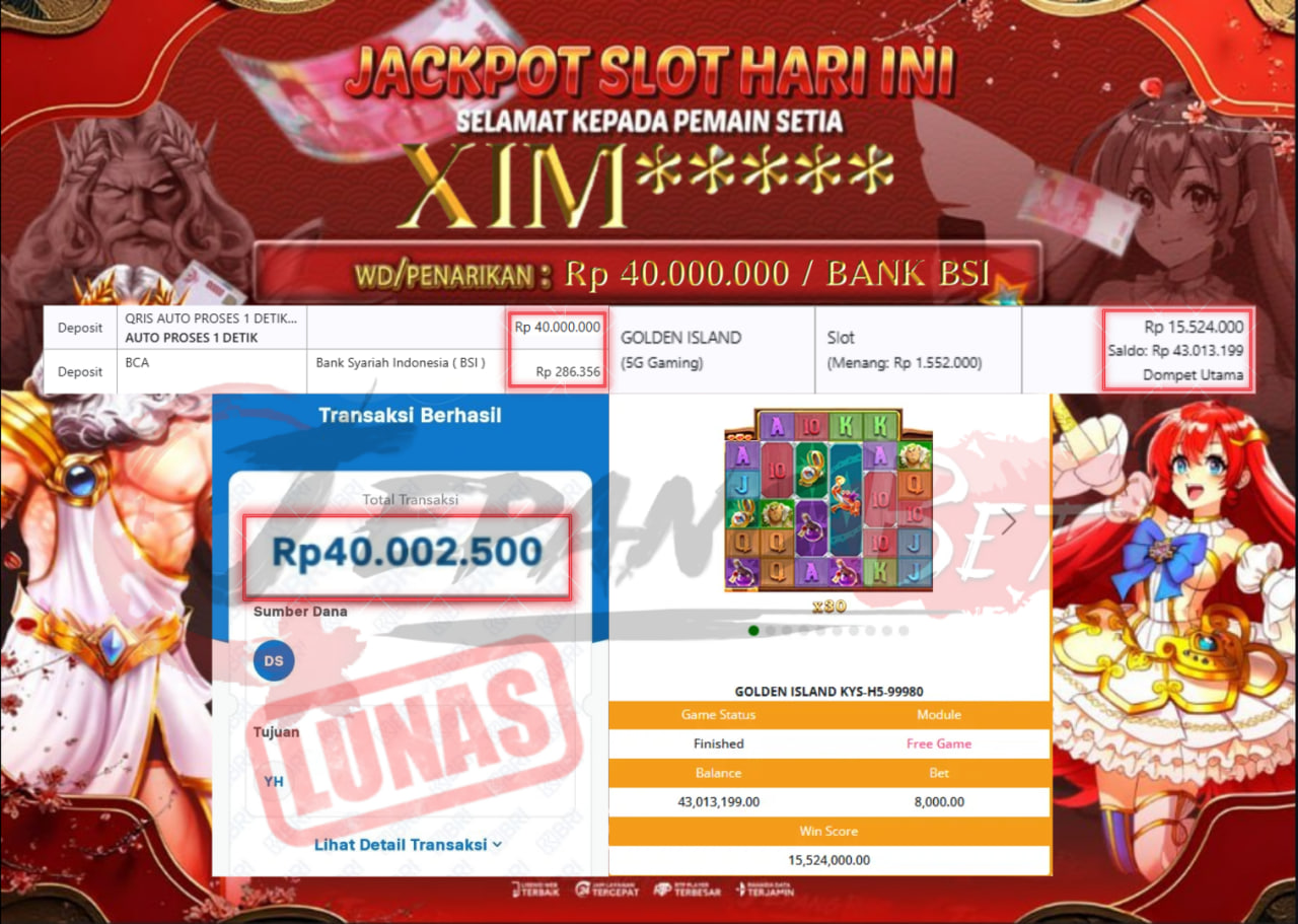 Jackpot Slot Golden Island Berhasil Dibayarkan Lunas Sebesar Rp 40.000.000.,- LUNAS