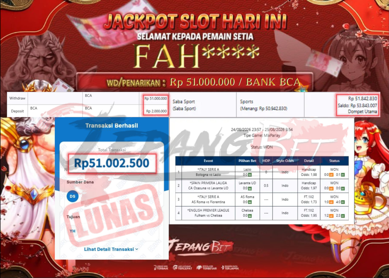Jackpot Sport Mix Parlay Berhasil Dibayarkan Lunas Sebesar Rp 51.000.000.,- LUNAS