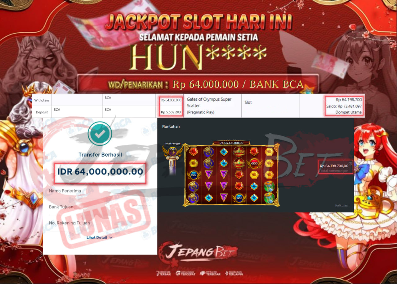 Jackpot Slot Gates of Olympus Super Scatter Berhasil Dibayarkan Lunas Sebesar Rp 64.000.000., – LUNAS