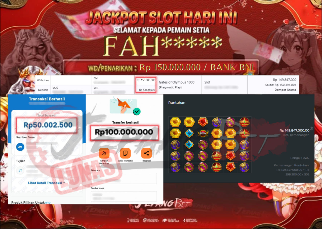Jackpot Slot Gates of Olympus 1000 Berhasil Dibayarkan Lunas Sebesar Rp 150.00.000., – LUNAS