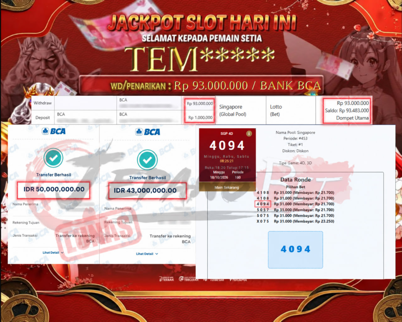 Jackpot Togel Singapore 4D Berhasil Dibayarkan Lunas Sebesar Rp 93.000.000., – LUNAS