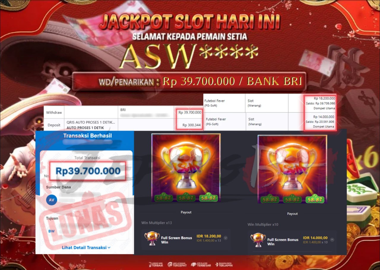 Jackpot Slot Futebol Fever Berhasil Dibayarkan Lunas Sebesar Rp 39.700.000.,- LUNAS