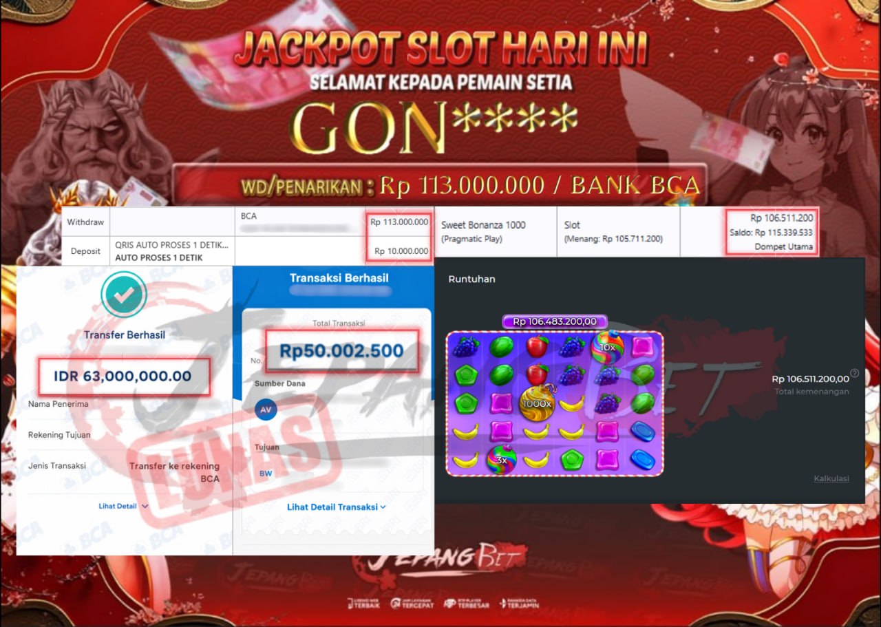 Jackpot Slot Sweet Bonanza 1000 Berhasil Dibayarkan Lunas Sebesar Rp 113.000.000., – LUNAS