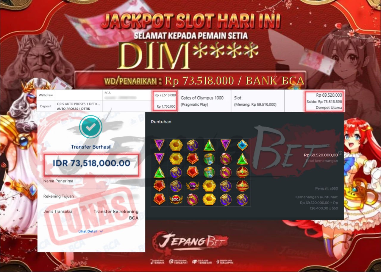 Jackpot Slot Gates of Olympus 1000 Berhasil Dibayarkan Lunas Sebesar Rp 73.518.000., – LUNAS