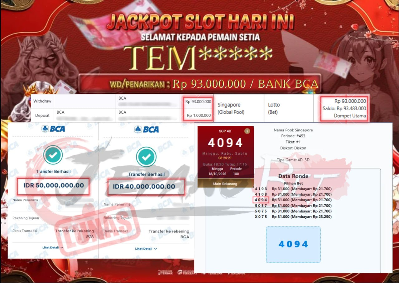Jackpot Togel Singapore 4D Berhasil Dibayarkan Lunas Sebesar Rp 93.000.000., – LUNAS
