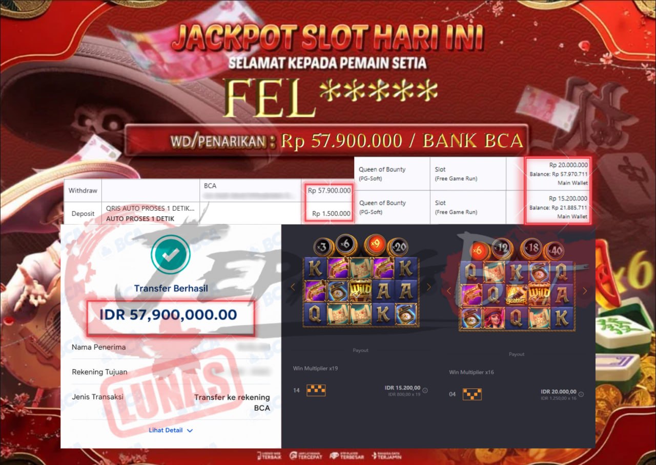 Jackpot Slot Queen Of Bounty Berhasil Dibayarkan Lunas Sebesar Rp 57.900.000.,- LUNAS